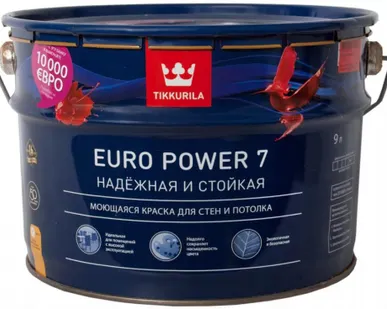 фото Краска водно-дисперсионная Tikkurila Euro Power 7 влагостойкая моющаяся матовая белый 9 л
