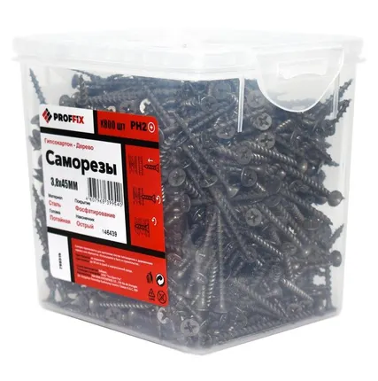 Фото №0 Саморез гипсокартон-дерево 3.8х45 усиленный (TWN) (уп.800шт) контейнер Proffix 146439