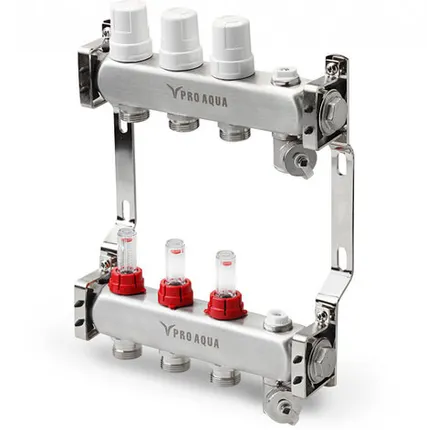 Фото №0 Коллекторная группа в сборе с расходомерами НЕРЖ.1"х 3/4 Евроконус 9 вых PRO-AQUA