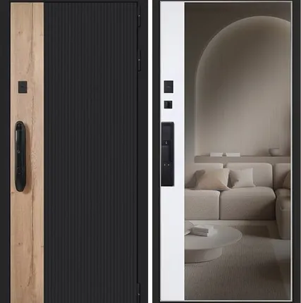 Фото №0 Входная дверь Конструктор SM дуб Галиф черная-зеркало белая АСД с биометрическим замком