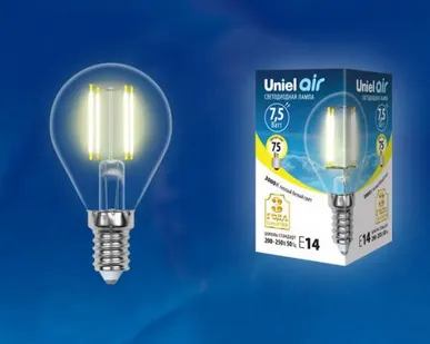 фото Лампа LED-G45-7,5W/WW/E14/CL GLA01TR Лампа светодиодная. Форма "шар", прозрачная. Серия Air. Теплый белый свет (3000K). Картон. ТМ Uniel