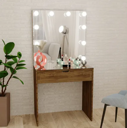 Фото №0 Гримерный столик тёмное дерево с безрамочным зеркалом