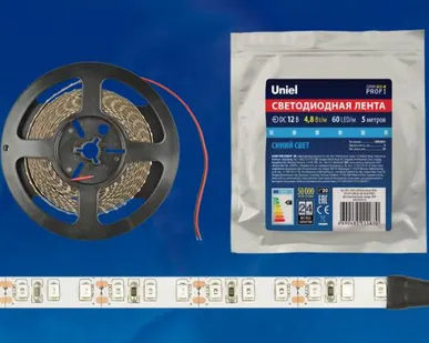 фото Светодиодная лента ULS-M11-2835-60LED/m-8mm-IP20-DC12V-4,8W/m-5M-BLUE PROFI Гибкая светодиодная лента на самоклеящейся основе. Катушка 5м. в герметичной упаковке. Синий свет. ТМ Uniel.