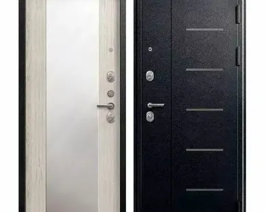 фото Дверь входная V-04 (Центурион) металл/МДФ с зеркалом, Черный муар/Полярный дуб 2050х960мм, ПРАВАЯ (2025)