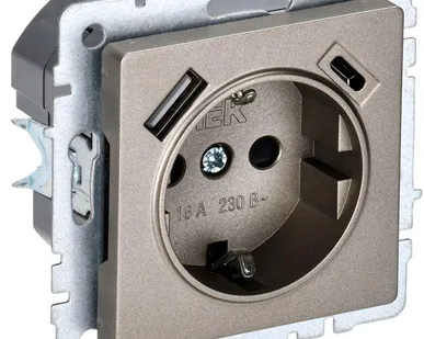 фото Розетка BRITE РЮш11-1-БрШ 16А с USB A+C 18Вт с заземл. защ. шторки шампань IEK BR-R14-16-U22-018-K37