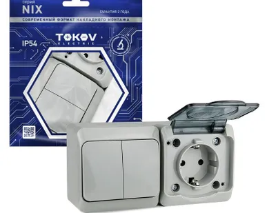 фото Блок ОП Nix (розетка 16А 250В с заземл. + 2-кл. выкл. 10А) IP54 сер. TOKOV ELECTRIC TKE-NX-V2RZ-C06T-IP54