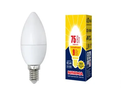 фото Лампа LED-C37-9W/WW/E14/FR/NR Лампа светодиодная. Форма "свеча", матовая. Серия Norma. Теплый белый свет (3000K). Картон. ТМ Volpe