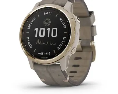 фото Часы Garmin Fenix 6S Pro Solar золотистый с серым замшевым ремешком