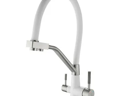 фото смеситель для кухни ARGOtech SOLID с каналом для фильтра гибкий излив нерж. белый