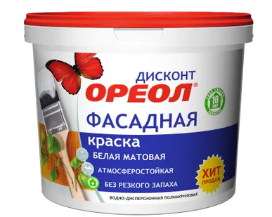 фото Краска ОРЕОЛ фасадная атмосферостойкая ВД белая матовая ДИСКОНТ 3кг