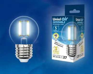 фото Лампа LED-G45-5W/NW/E27/CL/DIM GLA01TR Лампа светодиодная диммируемая. Форма "шар", прозрачная. Серия Air. Белый свет (4000K). Картон. ТМ Uniel
