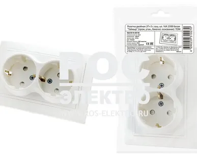фото Розетка двойная 2П+З с защ. шт. 16А 250В белая "Таймыр" (пром. упак., бакелит. основание) TDM