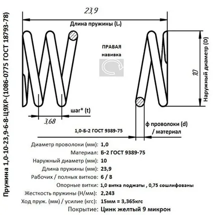 Фото №0 Пружина 1,0-10-23,9-6-8-Ц9ХР-(1086-0775 ГОСТ18793-80)
