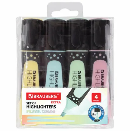 Фото №0 Набор текстовыделителей BRAUBERG 4 шт., АССОРТИ, "EXTRA PASTEL",прорезиненный корпус, линия 1-5 мм, 151756