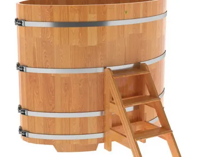 фото Купель для бани из сращенной лиственницы овальная 1,02х1,68 (натуральная, Н = 1,4 м)