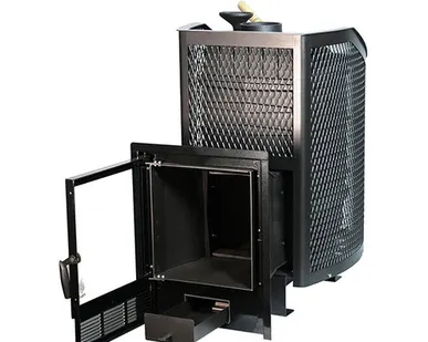 фото Печь для бани чугунная Сибирь Амур с закрытой каменкой панорамная дверка (сетка)