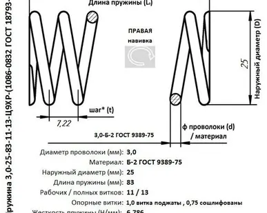 фото Пружина 3,0-25-83-11-13-Ц9ХР-(1086-0832 ГОСТ 18793-80)