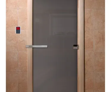 фото Дверь Графит матовое 190*70, 8 мм, 3 петли, коробка ольха, Банный Эксперт