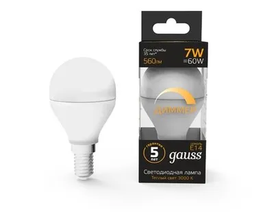 фото Светодиодная лампа Gauss Шар 7W 560Lm 3000K E14 105101107-D