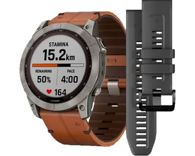 фото Часы Garmin Fenix 7X Sapphire Solar титановый черный с коричневым кожаным ремешком