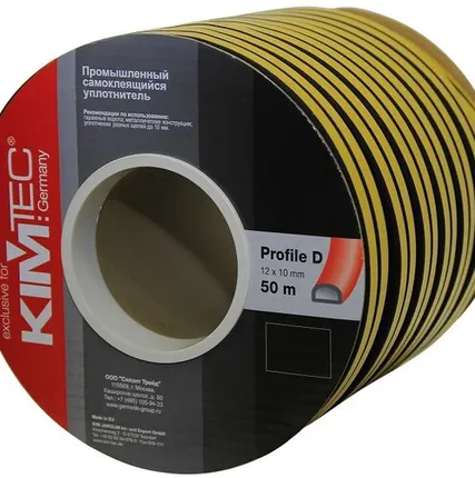 Фото №0 Уплотнитель KimTec Лента уплотнительная дверная KimTec D-профиль двойная 12 х 10 мм 04-14-56 5016 черный в бухте 25 м двойного