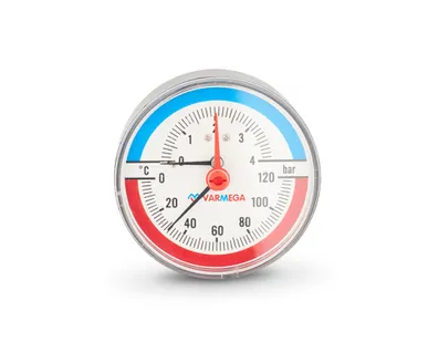 фото Термоманометр аксиальный 4 бар Varmega 1/2" н.р., Ø корпуса=80 мм, t=0...120°С