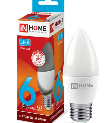 Фото №0 IN HOME Лампа светодиодная 6Вт 230В Е27 4000К 540Лм C37 свеча матовая LED-СВЕЧА-VC IN HOME