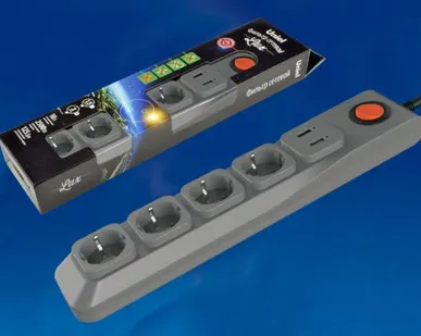 фото Сетевой фильтр S-GSL5-3U GREY Cетевой фильтр серии Lux, 3м (Пвс 3*0,75), 4 гнезда, с/з, 1USB(1A). 10А. Защита от перенапряжения, короткого замыкания. TM Uniel.