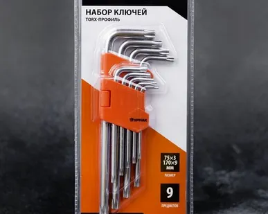 фото Набор шестигранных ключей 9 шт, 75х3, 170х9 мм, TORX - профиль ЕРМАК 657-024