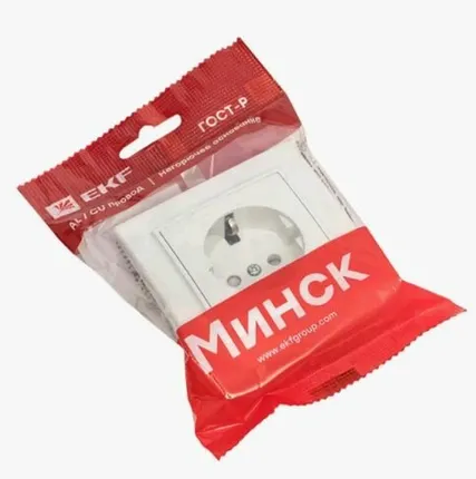 Фото №0 Минск Розетка 1-местная СП с заземлением 16А белая с защ штор, EKF Basic