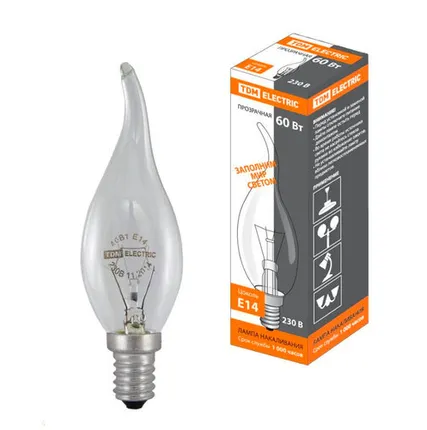 Фото №0 Лампа накаливания TDM 60 Вт-230 В-Е14 (SQ0332-0016) свеча на ветру прозрачная