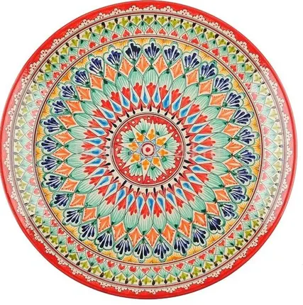 Фото №0 Ляган 34 см. плоский, красный Мехроб (Риштанская керамика)