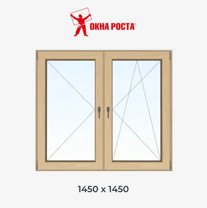 Фото №0 Двухстворчатое деревянное окно из лиственницы, 1450х1450 мм, поворотное/поворотно откидное