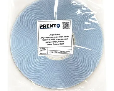 фото Акриловая двусторонняя клейкая лента Prento B1MM, вспененный полиэтилен, белая, 1мм x 6 мм x 25 м