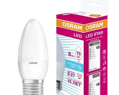 фото Лампа светодиодная LED STAR CLASSIC B 75 8W/840 8Вт свеча 4000К нейтр. бел. E27 806лм 220-240В матов. пласт. OSRAM 4058075210776