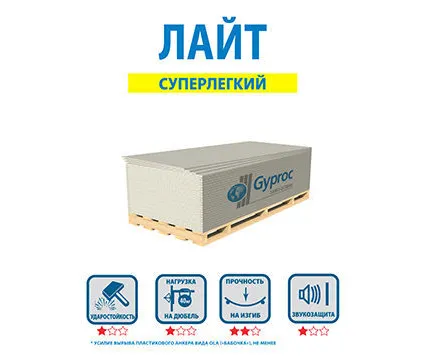 Фото №0 Гипсокартон Gyproc Лайт стандартный 2500х1200х9,5 мм.
в