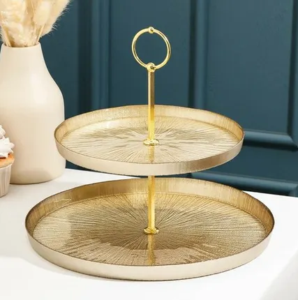 Фото №0 Этажерка для фруктов и десертов «Кувшинка», 2 яруса, d=21/28 см, стекло, золотая