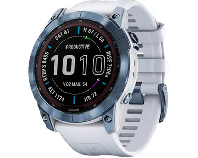 фото Часы Garmin Fenix 7X Sapphire Solar титановый синий минерал DLC с белым ремешком