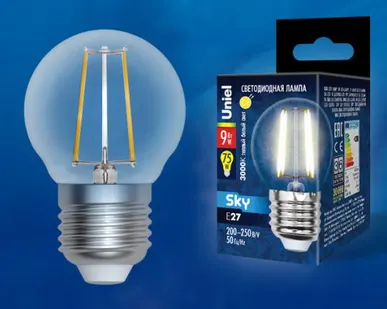 фото Лампа LED-G45-9W/3000K/E27/CL PLS02WH Лампа светодиодная. Форма "шар", прозрачная. Серия Sky. Теплый белый свет (3000К). Картон. ТМ Uniel.