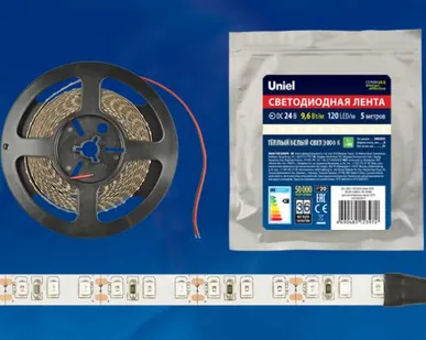 фото Светодиодная лента ULS-2835-120LED/m-8mm-IP20-DC24V-9,6W/m-5M-3000K Гибкая светодиодная лента на самоклеящейся основе. Катушка 5 м. в герметичной упаковке. Белый свет (3000K). ТМ Uniel.
