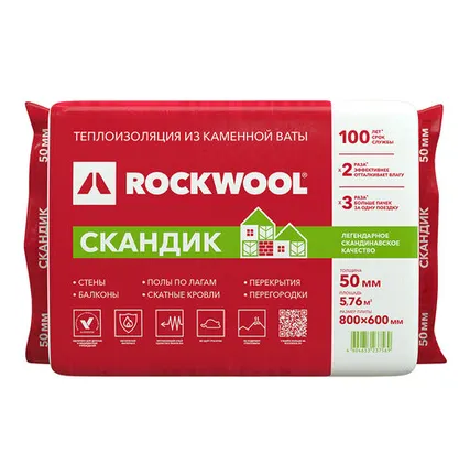 Фото №0 Утеплитель Rockwool Лайт Баттс Скандик 800х600х50 мм 5.76м2 0.288м3 12шт