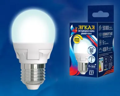 фото Лампа LED-G45 7W/4000K/E27/FR/DIM PLP01WH Лампа светодиодная, диммируемая. Форма «шар», матовая. Серия Яркая. Белый свет (4000K). Картон. ТМ Uniel.