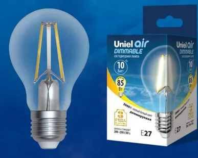 фото Лампа LED-A60-10W/3000K/E27/CL/DIM GLA01TR Лампа светодиодная диммируемая. Форма "А", прозрачная. Серия Air. Теплый белый свет (3000K). Картон. ТМ Uniel.