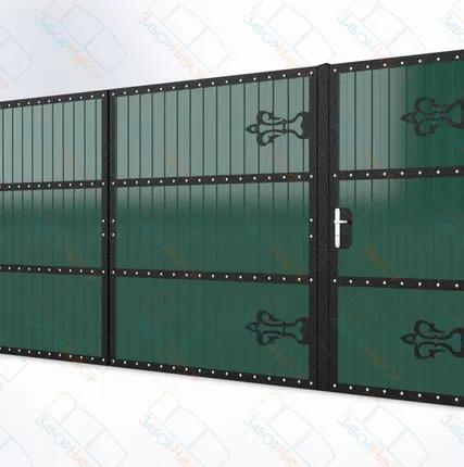 Фото №0 Уличные распашные ворота Камелот, левая калитка, профлист - зеленый мох