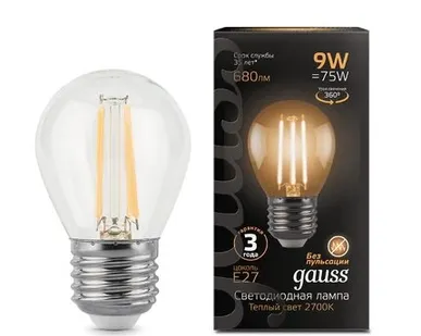 фото Светодиодная филаментная лампа Gauss Шар 9W 680Lm 2700K E27 105802109