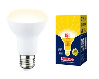 фото Лампа LED-R63-11W/3000K/E27/FR/NR Лампа светодиодная. Форма "Рефлектор", матовая. Серия Norma. Теплый белый свет (3000K). Картон. ТМ Volpe