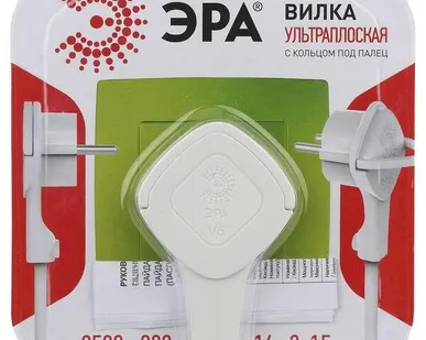 фото Вилка V5(U) ультраплоская с заземл. 16А с кольцом белая ЭРА Б0026331