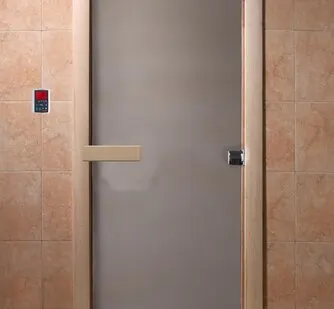 фото Дверь "Банное утро" (сатин) 190х70, 8мм, 3 петли, коробка листва, Банный Эксперт