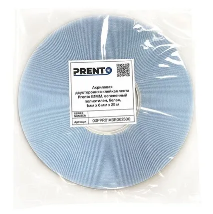 Фото №0 Акриловая двусторонняя клейкая лента Prento B1MM, вспененный полиэтилен, белая, 1мм x 6 мм x 25 м