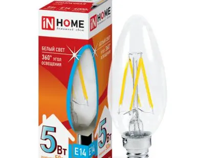 фото Лампа светодиодная LED-СВЕЧА-deco 5Вт 230В Е14 3000К 450Лм прозрачная IN HOME